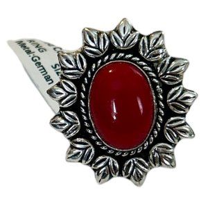 Red Coral Ring – German Silver – Size 7